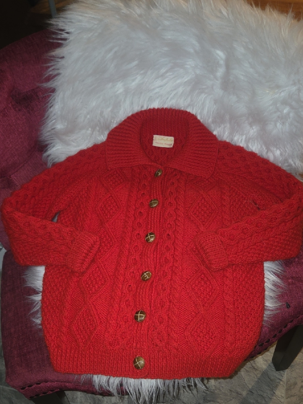 RARE VTG Hand Knit Red Aran Fisherman Cardigan | Cherry Red Grandmacore